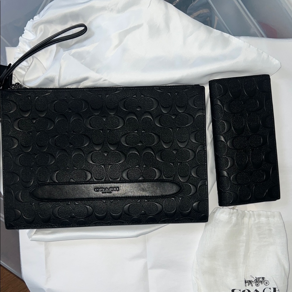 Coach Black Embossed Leather Pouch and Wallet